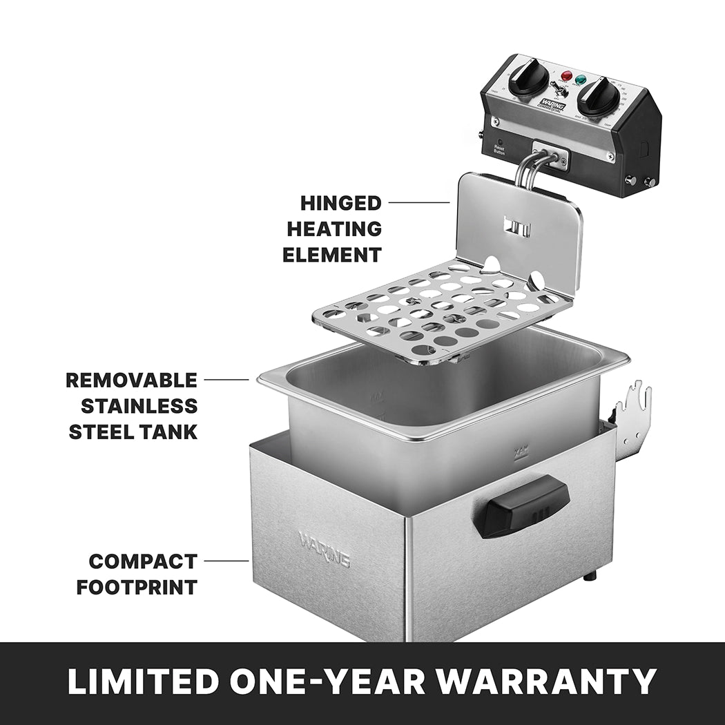 A labeled diagram of a stainless steel fryer shows a hinged heating element, removable tank, and compact body. Text highlights these features of the countertop deep fryer, and a black banner at the bottom reads LIMITED ONE-YEAR WARRANTY in bold white letters.