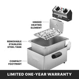A labeled diagram of a stainless steel fryer shows a hinged heating element, removable tank, and compact body. Text highlights these features of the countertop deep fryer, and a black banner at the bottom reads LIMITED ONE-YEAR WARRANTY in bold white letters.