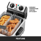 A stainless steel fryer with two baskets—one for crinkle-cut fries, the other for breaded chicken strips. This electric deep fryer features a control panel with dials and a label for variable temperature control up to 390°F.