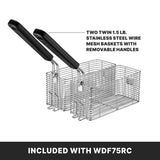 Two stainless steel wire mesh baskets with black removable handles, designed for a countertop deep fryer, are shown side by side. Labeled as twin 1.5 lb. baskets on a white background. Text below states: INCLUDED WITH WDF75RC.