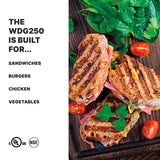 Overhead view of grilled sandwiches with grill marks from a stainless steel panini grill, filled with ham and vegetables, surrounded by fresh greens and halved cherry tomatoes. Text on left reads: The WDG250 is built for... Sandwiches, Burgers, Chicken, Vegetables. Certification logos below.