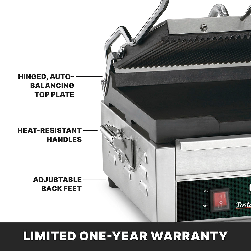 A close-up of a stainless steel panini grill shows its features labeled: a hinged, auto-balancing top plate, heat-resistant handles, and adjustable back feet. Below the image, text reads, “LIMITED ONE-YEAR WARRANTY” on a black background.