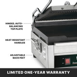 A close-up of a stainless steel panini grill shows its features labeled: a hinged, auto-balancing top plate, heat-resistant handles, and adjustable back feet. Below the image, text reads, “LIMITED ONE-YEAR WARRANTY” on a black background.