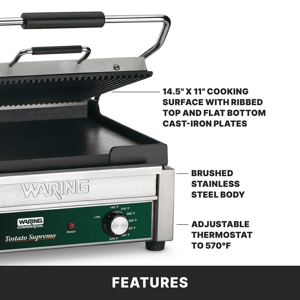 A commercial stainless steel panini grill featuring a ribbed top, flat bottom plate, control knob, 14.5x11 cooking surface, and adjustable thermostat to 570°F. This electric panini grill offers durability with a brushed stainless steel body.