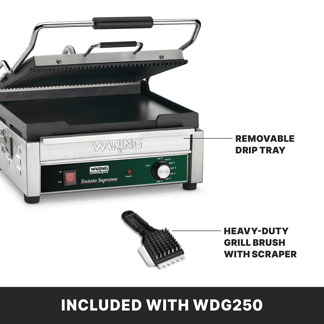 A stainless steel panini grill, the Waring ToasTite Supreme, features a raised lid and removable drip tray. Below, a heavy-duty grill brush with scraper is shown. Both items are included with model WDG250.