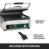 A stainless steel panini grill, the Waring ToasTite Supreme, features a raised lid and removable drip tray. Below, a heavy-duty grill brush with scraper is shown. Both items are included with model WDG250.