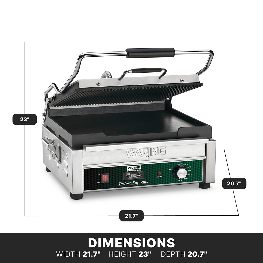 A stainless steel Dual Surface Panini Grill with a raised, ridged top plate. Dimensions: width 21.7, height 23, depth 20.7. Features adjustable thermostats, a green knob, indicator lights, and the Toasto Supremo label on the front panel.
