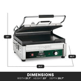 A stainless steel Dual Surface Panini Grill with a raised, ridged top plate. Dimensions: width 21.7, height 23, depth 20.7. Features adjustable thermostats, a green knob, indicator lights, and the Toasto Supremo label on the front panel.