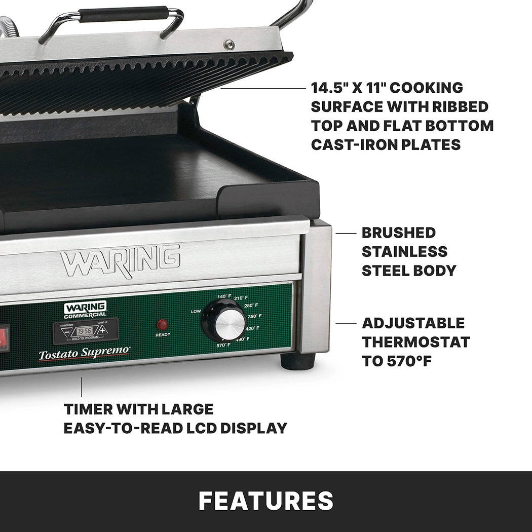 A stainless steel Dual Surface Panini Grill with ribbed top and flat bottom cast-iron plates, green control panel, adjustable thermostats up to 570°F, LCD timer, and labeled features shown against white with bold “FEATURES” text below.