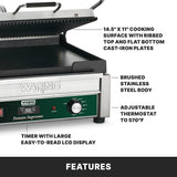 A stainless steel Dual Surface Panini Grill with ribbed top and flat bottom cast-iron plates, green control panel, adjustable thermostats up to 570°F, LCD timer, and labeled features shown against white with bold “FEATURES” text below.
