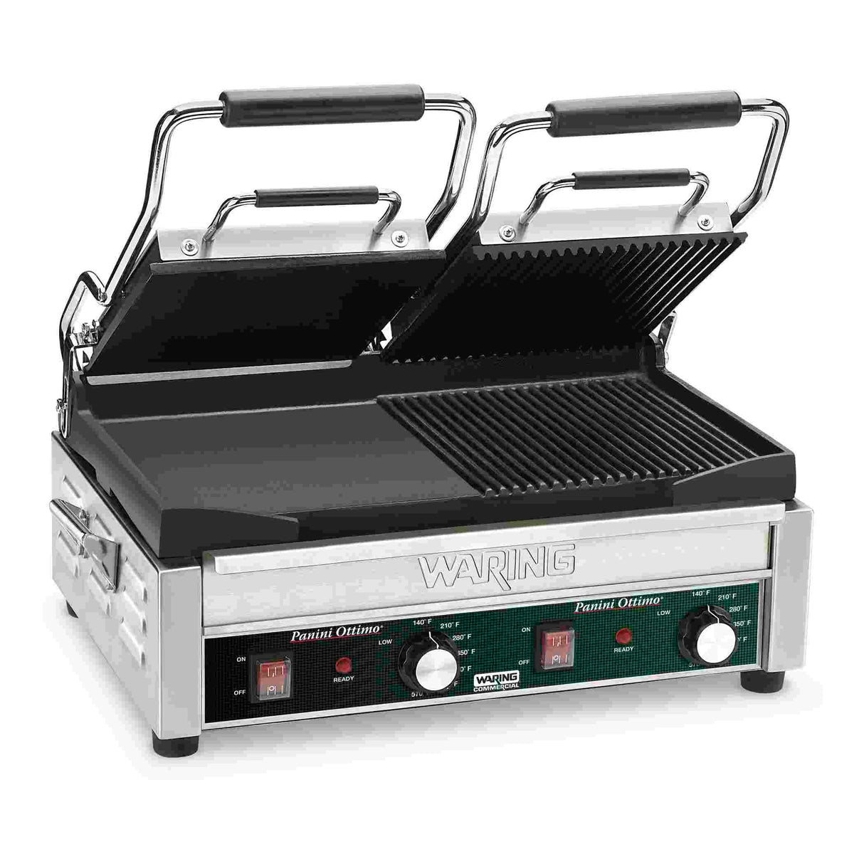 A stainless steel Waring Dual Surface Panini Grill features two hinged, ribbed grill plates—one open and one partially closed. The front panel includes adjustable thermostats, indicator lights, switches, and the Panini Ottimo label.