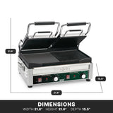 A stainless steel Commercial Panini Grill with dual surface grill—ribbed and flat plates. Control knobs with adjustable thermostats and indicator lights on the front panel, labeled “Waring.” Black dimension guide frames its 21.8×21.6×15.5-inch build.