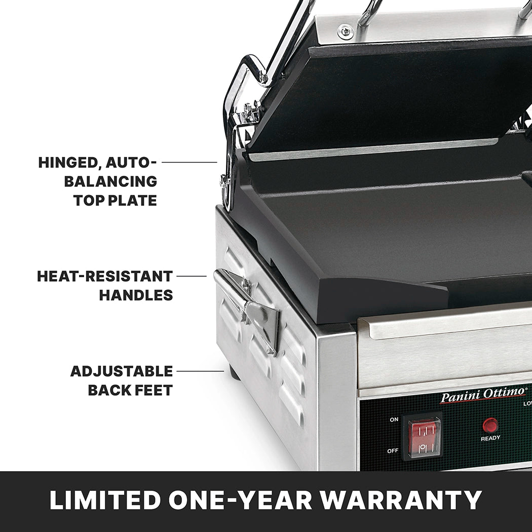 A stainless steel Commercial Panini Grill with a hinged top plate, adjustable thermostats, heat-resistant handles, and adjustable back feet. The open top reveals the dual surface grill. A label at the bottom reads LIMITED ONE-YEAR WARRANTY in bold white text.
