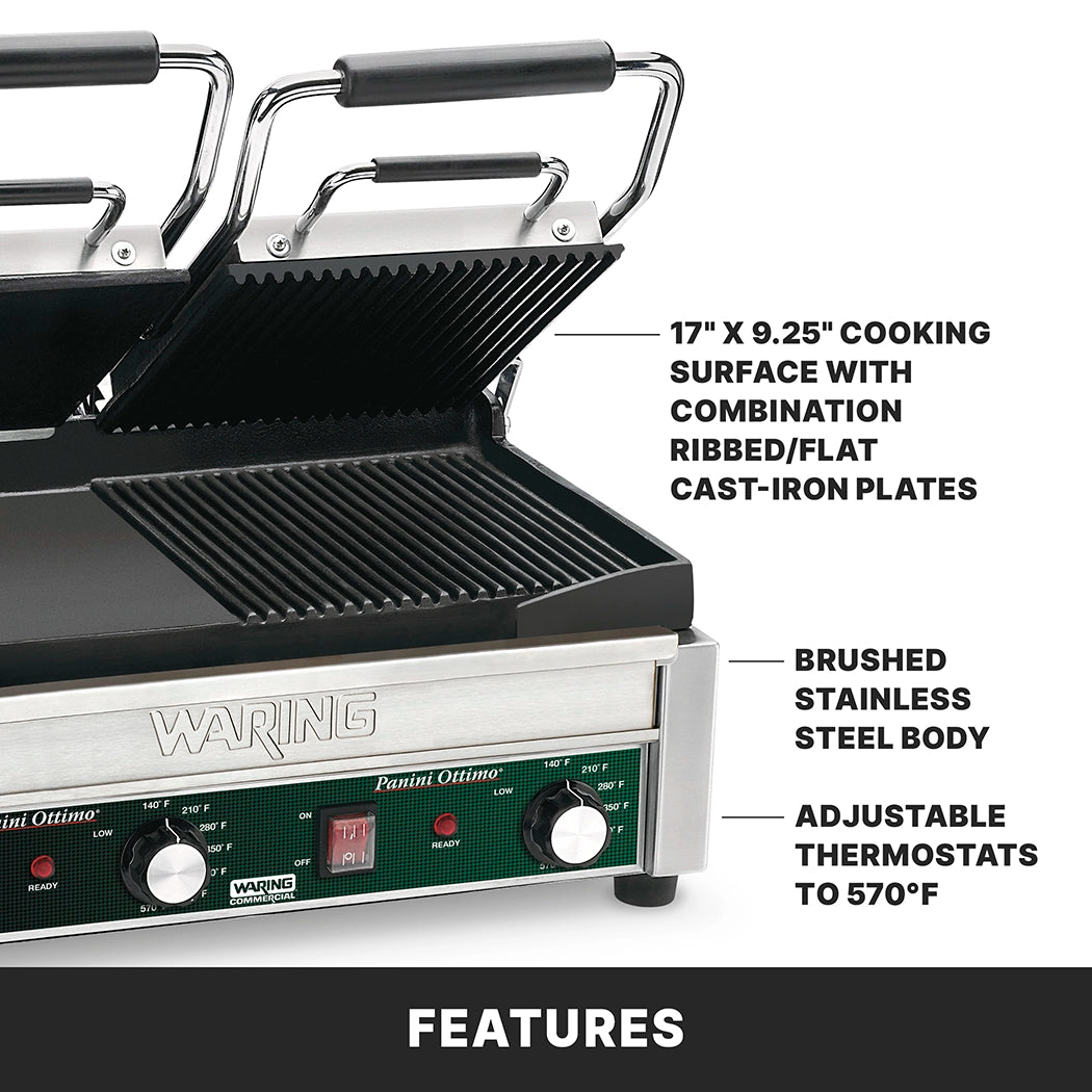 A Commercial Panini Grill with open lid is shown, featuring a 17x9.25 dual surface grill—ribbed and flat cast-iron plates—a brushed stainless steel body, adjustable thermostats up to 570°F, plus front panel dials, switches, and indicator lights.