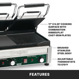 A Commercial Panini Grill with open lid is shown, featuring a 17x9.25 dual surface grill—ribbed and flat cast-iron plates—a brushed stainless steel body, adjustable thermostats up to 570°F, plus front panel dials, switches, and indicator lights.