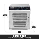 A stainless steel dehydrator with a digital LED display and adjustable temperature is shown. Its dimensions are labeled: 14.5 wide, 16.3 high, and 20 deep. The unit features a vented front door with handle and displays time, temperature, and settings.