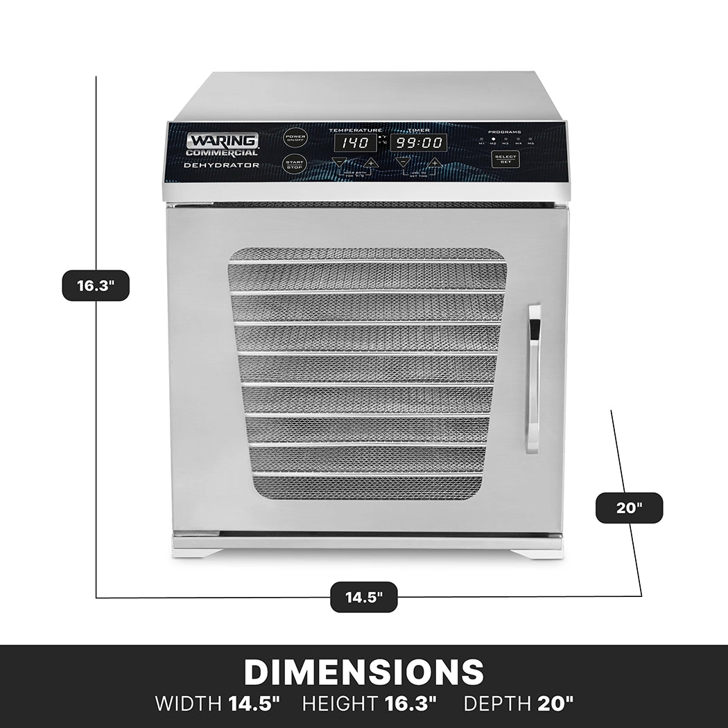 A dehydrator with stainless steel housing features a digital LED display control panel on top, a front mesh door with handle, and the “Waring” brand visible. Dimensions: width 14.5, height 16.3, depth 20. The background is white.