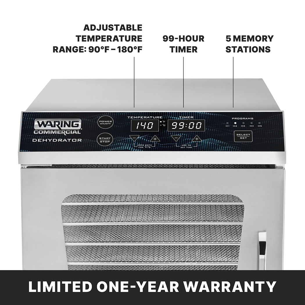 Front view of a Waring Commercial dehydrator with durable stainless steel housing. The digital LED display shows 140°F and a 99:00 timer. Labels note adjustable temperature, 99-hour timer, five memory stations, and LIMITED ONE-YEAR WARRANTY.