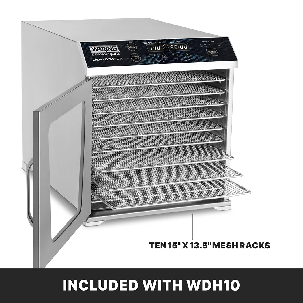 A Waring Commercial dehydrator with its door open reveals ten metal mesh racks inside stainless steel housing. The digital LED display on top shows temperature and time. Text points to the racks, reading Ten 15 x 13.5 mesh racks. Banner below says Included with WDH10.