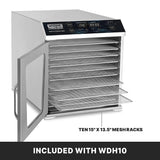 A Waring Commercial dehydrator with its door open reveals ten metal mesh racks inside stainless steel housing. The digital LED display on top shows temperature and time. Text points to the racks, reading Ten 15 x 13.5 mesh racks. Banner below says Included with WDH10.