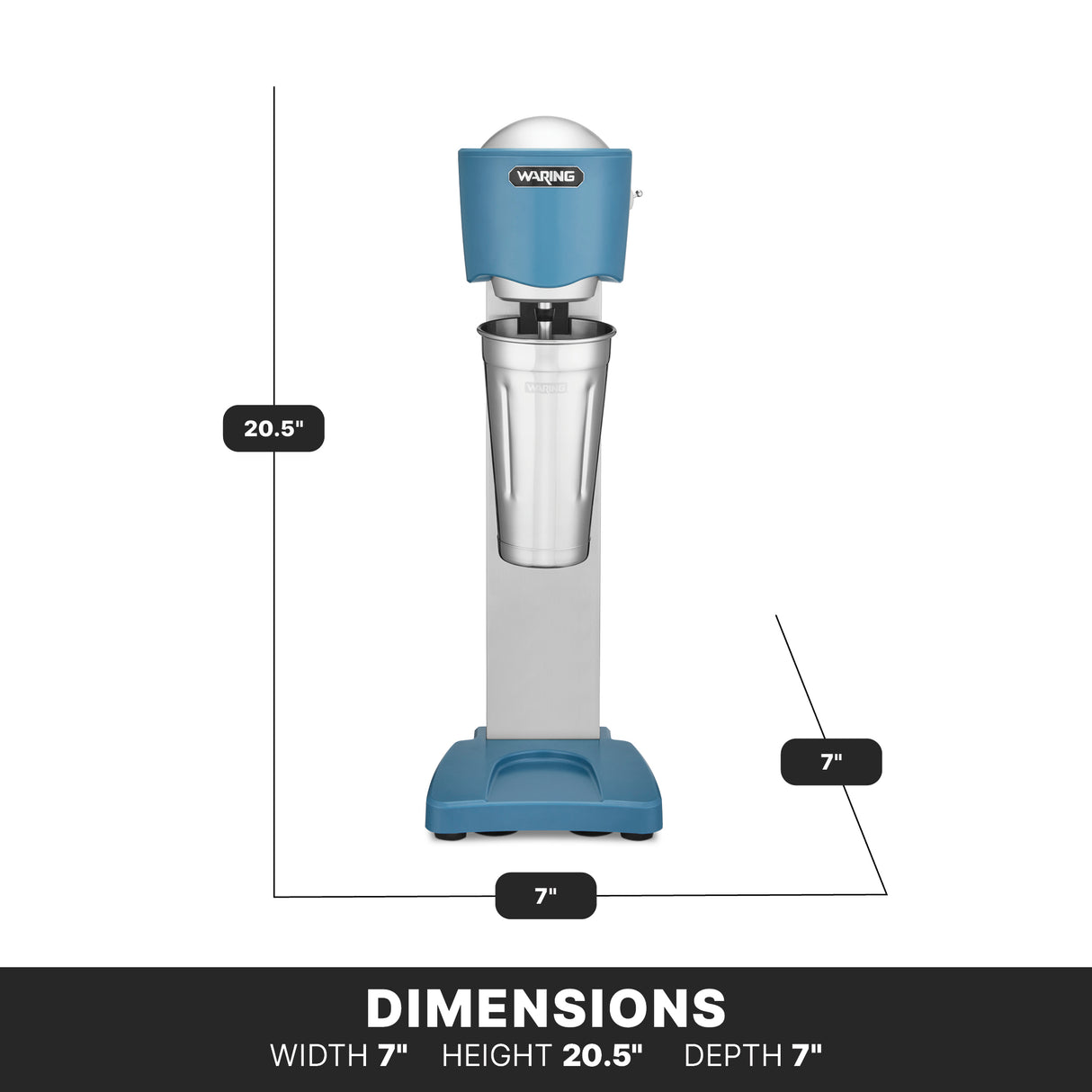 A blue and silver Waring Drink Mixer stands upright, measuring 20.5 tall, 7 wide, and 7 deep. The light-duty drink mixer features a large mixing cup on a rectangular base. DIMENSIONS is written at the bottom with measurements below.