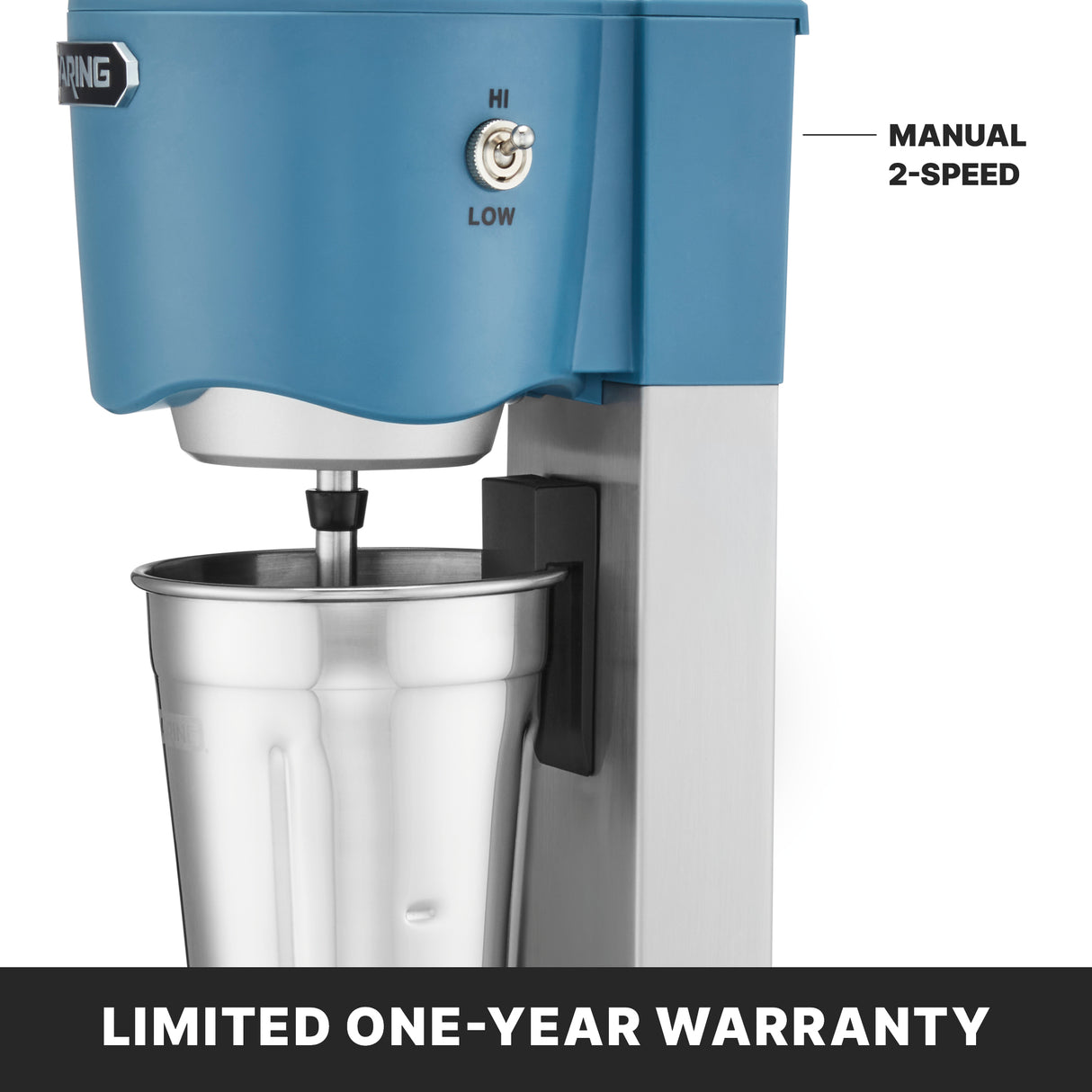 A blue and silver Waring Drink Mixer, perfect for light-duty blending tasks.