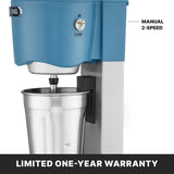 A blue and silver Waring Drink Mixer, perfect for light-duty blending tasks.
