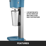 A blue and silver Waring Drink Mixer with a large metal cup is shown. Text notes a 1 HP motor, extra-wide cup rest, and 2-step malt cup positions. The Single-Spindle Drink Mixer stands on a blue base, with FEATURES at the bottom.