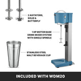 A blue and silver Waring Drink Mixer with a single spindle, two interchangeable agitators (solid and butterfly), and a stainless steel malt cup are shown. All parts come included with this Light-Duty Drink Mixer, the WDM20 model.