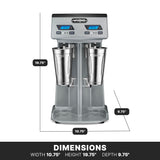 Front view of a silver, heavy-duty drink mixer with dual heads and two metal cups. Labeled arrows show dimensions: width 10.75, height 19.75, depth 9.75. A black banner at the bottom lists these dimensions in bold white text.