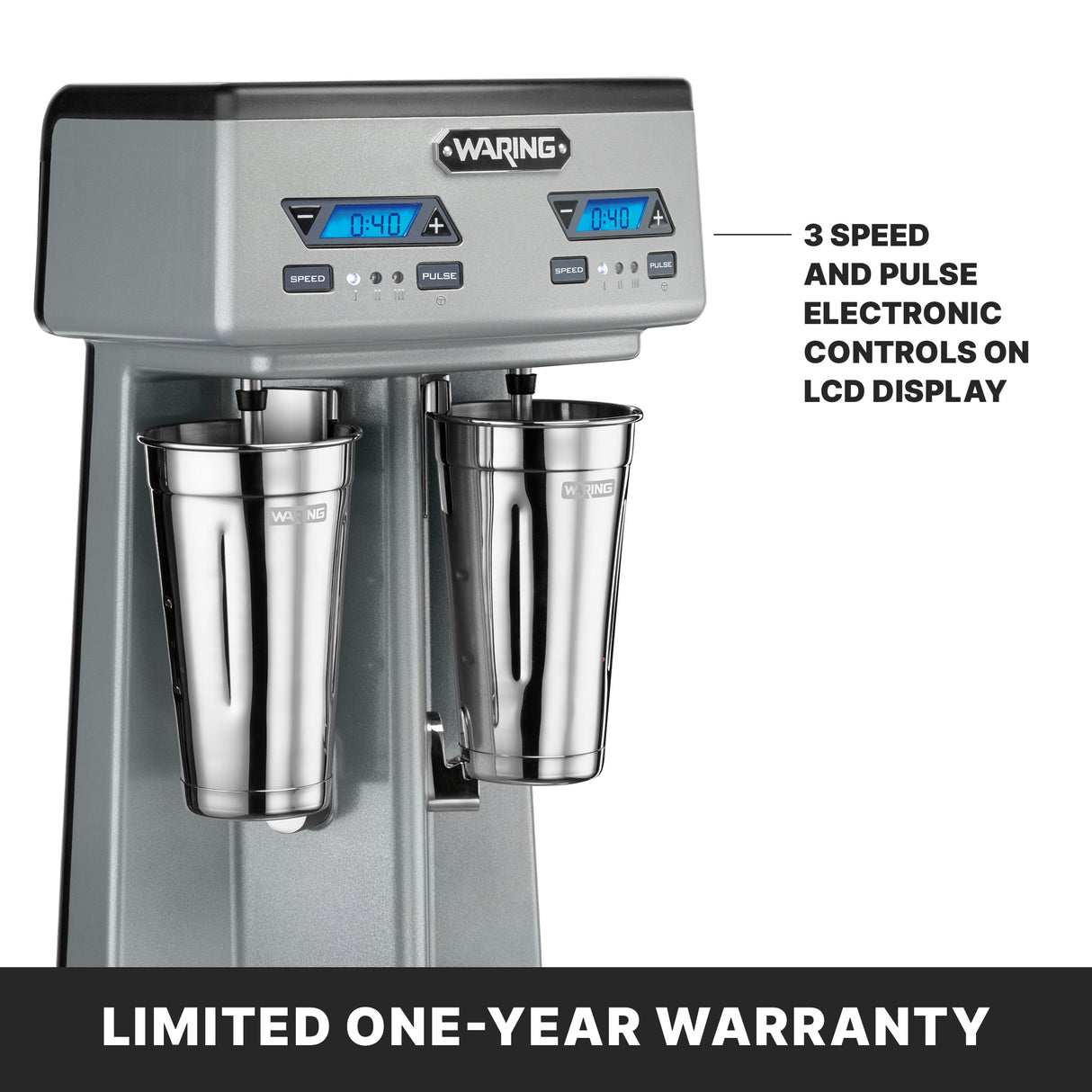 A silver heavy-duty double-spindle drink mixer with two stainless steel cups, twin LCD displays, and clearly labeled buttons for speed and pulse. Text highlights: “3 speed and pulse electronic controls on LCD.” Bottom: “Limited one-year warranty.”.