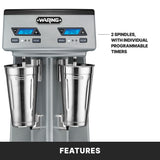 A heavy-duty double-spindle drink mixer with two metal cups, labeled “Waring.” Digital displays show separate timers set to 0:40. A label highlights “2 spindles, with individual programmable timers.” The word “FEATURES” appears below.