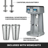 A heavy-duty double-spindle drink mixer, the Waring WDM240TX features two agitators with individual 1 HP motors. Includes both solid and butterfly agitators plus two stainless steel malt beverage cups. Caption: “INCLUDED WITH WDM240TX.”.