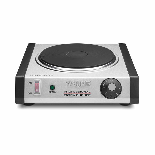A stainless steel Waring professional commercial burner with a single black cast iron hot plate, red ON/OFF switch, green ready indicator, and a round adjustable thermostat knob marked “min” to “max.” Black sides, feet, and warning label on top.