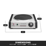 A silver Waring Professional Extra Burner with a cast iron burner is shown, featuring labeled dimensions of 11 inches wide, 12.25 inches deep, and 3.25 inches high. It includes an on/off switch, READY light, and adjustable thermostat on the front panel.