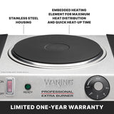 A stainless steel electric burner with a black cast iron heating plate and adjustable thermostat. Features include stainless steel housing, embedded heating element for fast, even heat, easy controls, power indicator lights, and a one-year warranty.