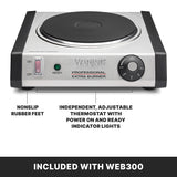 A Waring Professional commercial burner with a black knob for adjustable thermostat control, ON/OFF switch, indicator lights, and nonslip rubber feet. The stainless steel body features a durable cast iron burner. INCLUDED WITH WEB300.