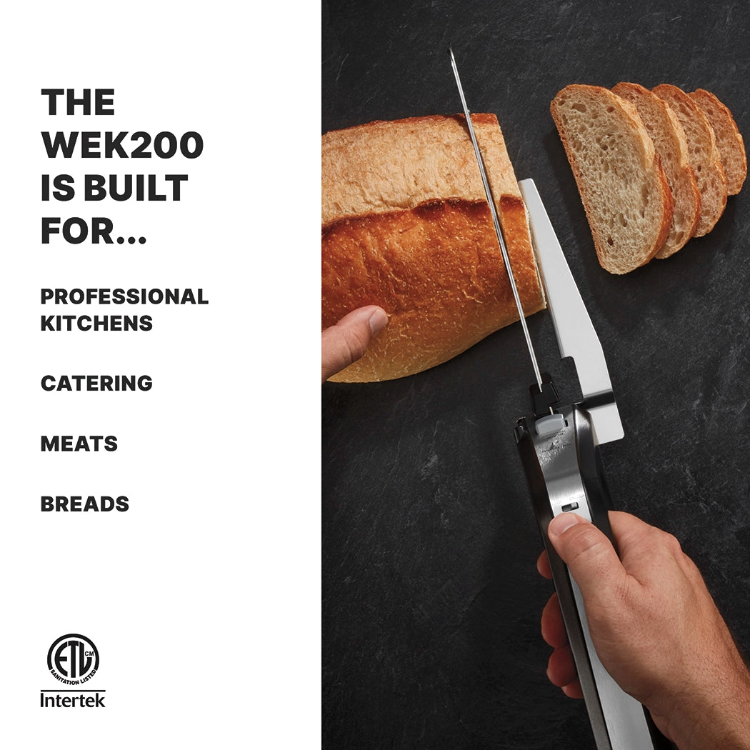 A person uses a commercial carving knife to slice a loaf of bread on a dark countertop. On the left, bold text reads: THE WEK200 IS BUILT FOR... PROFESSIONAL KITCHENS, CATERING, MEATS, BREADS. Intertek certification logo appears at the bottom.