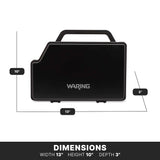 A black, rectangular Waring commercial electric knife case with a handle is shown. The case measures 13 inches wide, 10 inches tall, and 3 inches deep. Dimensions are labeled along the sides, and Waring is printed in white on the front.