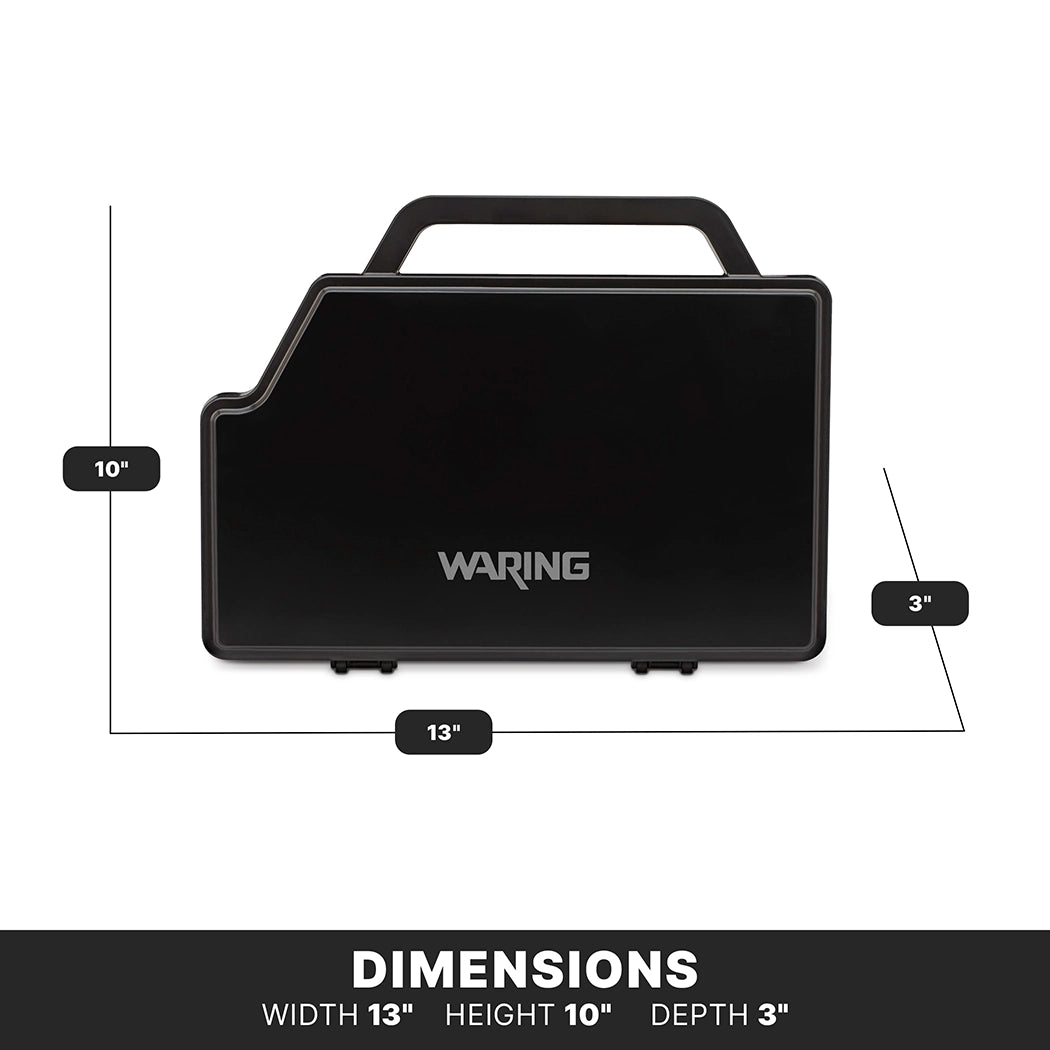 A black Waring-branded case for a commercial electric carving knife with an adjustable slicing guide is shown against a white background. Lines and labels indicate its dimensions: 13 inches wide, 10 inches tall, and 3 inches deep.
