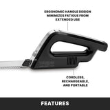 A sleek black cordless carving knife with a silver blade and ergonomic handle. Its adjustable slicing guide reduces fatigue and ensures even cuts. Cordless, rechargeable, and portable for convenience. FEATURES at the bottom.
