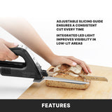 A person uses a Waring cordless carving knife with a serrated blade to slice bread on a wooden cutting board. Text highlights the adjustable slicing guide and integrated LED light for better visibility.