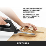 A person uses a black cordless carving knife with an adjustable slicing guide to cut a loaf of bread on a wooden board. Text highlights the knife’s adjustable slicing guide and integrated LED light, perfect for commercial electric carving knife needs.