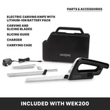 A black Waring cordless carving knife set with a lithium-ion battery, two blades, charger, slicing guide, and carrying case. Text labels each part, and “INCLUDED WITH WEK200” appears at the bottom on a black bar.