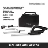 The image shows the Waring cordless carving knife set, including two blades, a charger, an adjustable slicing guide, and a black carrying case. Text labels each accessory as included with model WEK200.