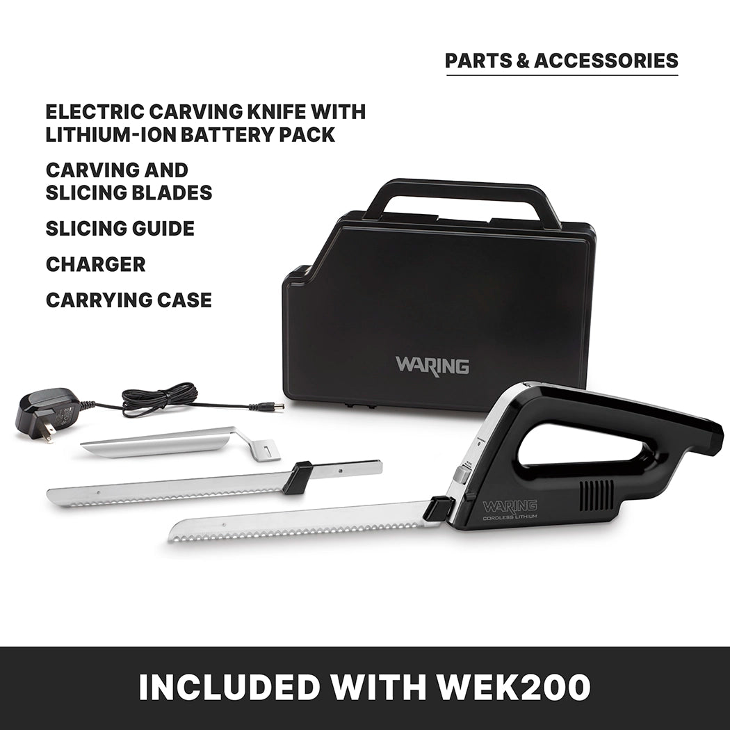 A black cordless carving knife with lithium-ion battery, separate carving and slicing blades, a slicing guide, charger, and a black carrying case labeled Waring are displayed on a white background. Text details these as WEK200 electric carving knife accessories.