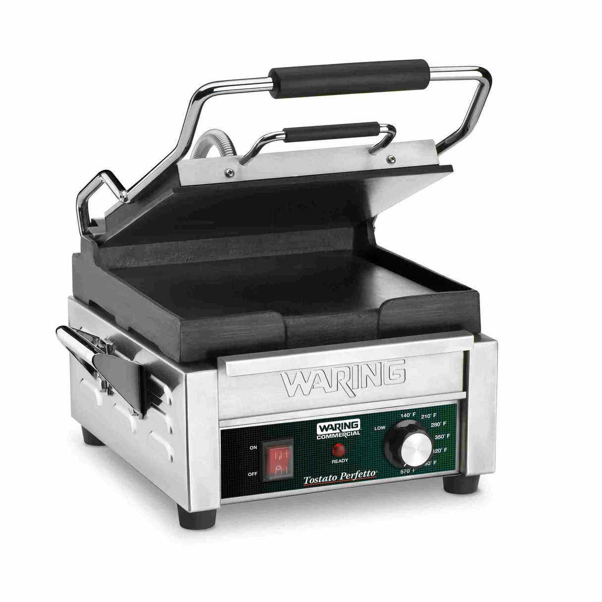 A compact toasting grill, this stainless steel Waring panini press features flat cast iron plates, a black handle, and a partially open top plate. The front panel offers adjustable thermostats, indicator lights, and the engraved Waring brand name.