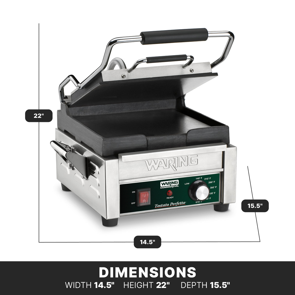 A Compact Toasting Grill with cast iron plates, this stainless steel panini press features a black handle and green control panel. Dimensions: width 14.5, height 22, depth 15.5. The panel includes indicator lights and an adjustable thermostat.