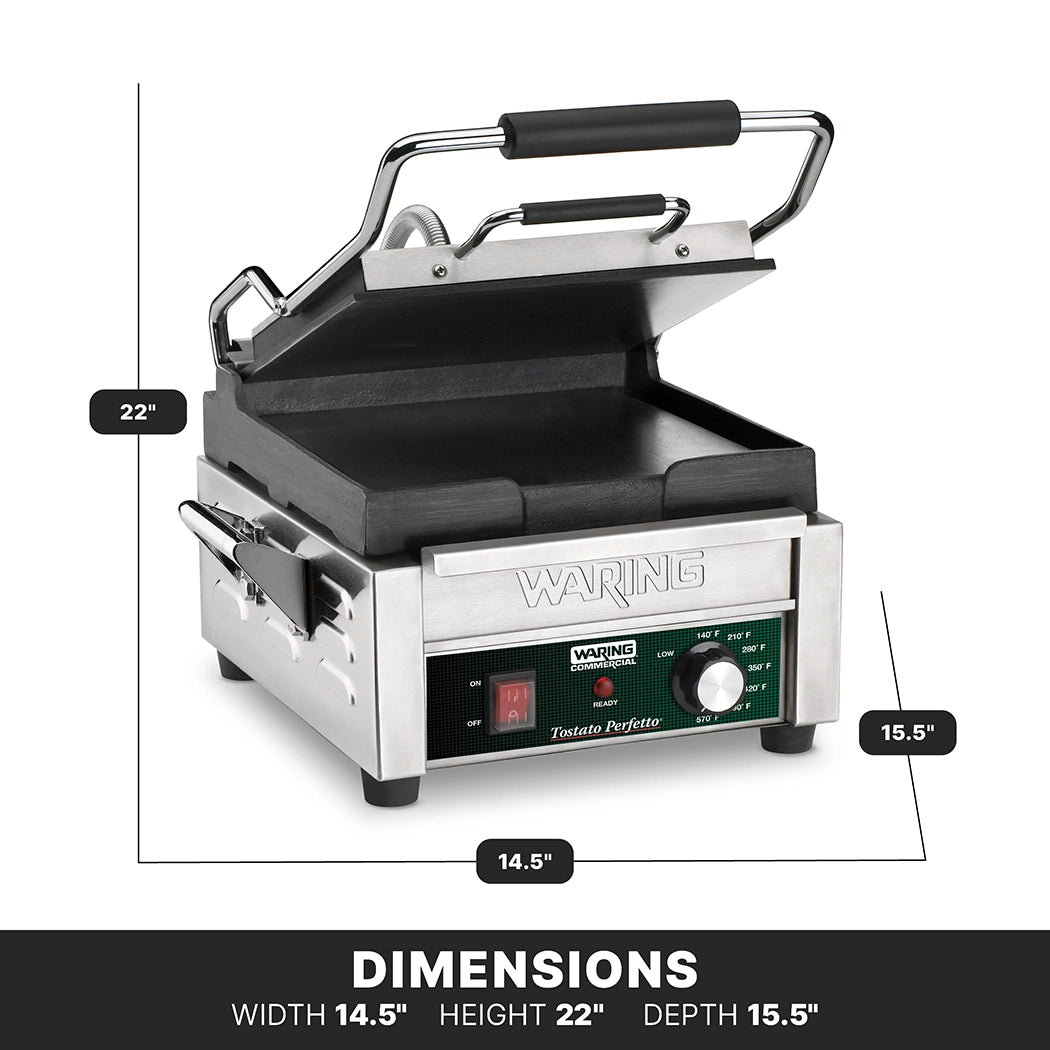 A stainless steel Waring panini press with flat cast iron plates and a partially open top plate is shown. Dimensions are marked: 14.5 wide, 22 high, 15.5 deep. The front panel includes adjustable thermostats, indicator lights, and the Waring logo.