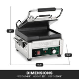A stainless steel Waring panini press with flat cast iron plates and a partially open top plate is shown. Dimensions are marked: 14.5 wide, 22 high, 15.5 deep. The front panel includes adjustable thermostats, indicator lights, and the Waring logo.